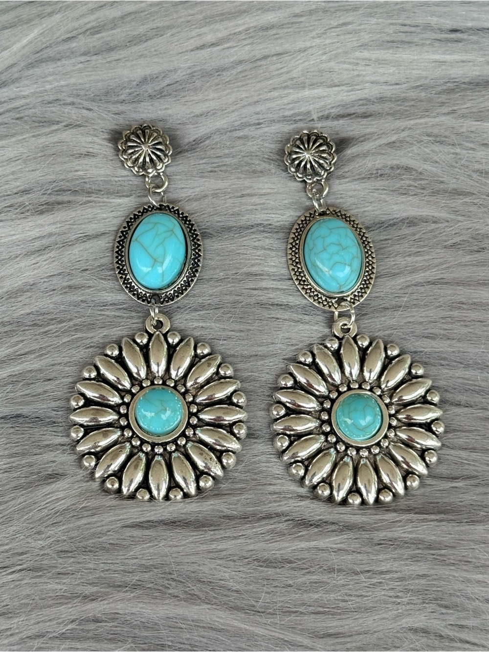 Western Boho Dangle earrings: Turquoise and silver conchos. Cowgirl outfit.